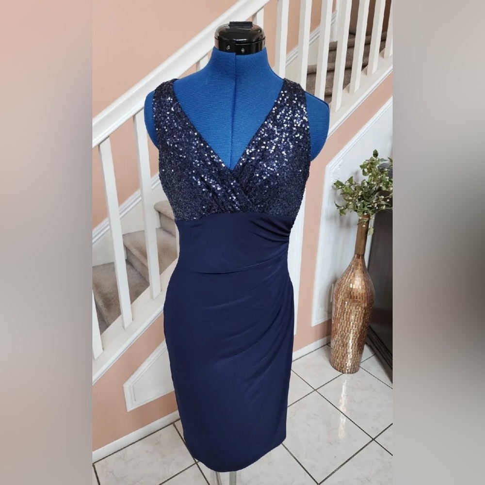 RALPH LAUREN Navy Blue Sequin Bodice Side Ruched Evening Cocktail Dress Size 6P
